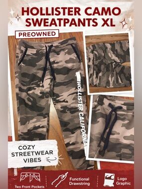 Hollister Camo Sweatpants XL Joggers Drawstring Lounge Streetwear Logo Graphic